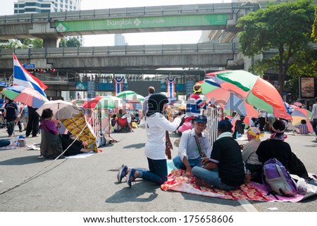 Bangkok, Thailand - Feb 2, 2014 : Unidentified protesters gather at Central World Ratchaprasong intersection stage for shutdown Bangkok.