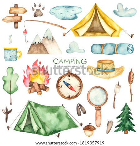 Tent, bonfire, fishing rod, hat, tourist rug, compass, magnifying glass, pointer. Camping watercolor clipart