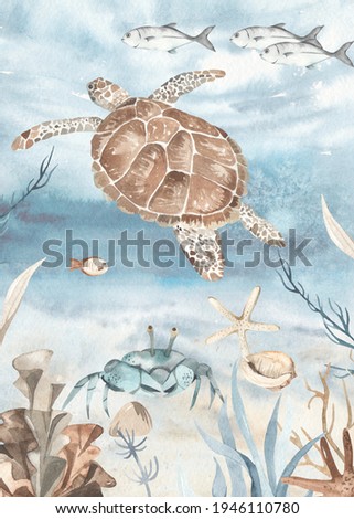 Watercolor card with underwater world, sea turtle, algae, fish, starfish