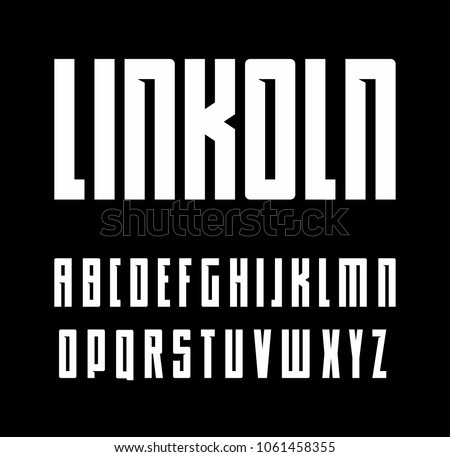 Bold typeface with inside serif, condensed uppercase font, geometrical latin alphabet, title case letter set, narrow serif, vector white letters on black background.