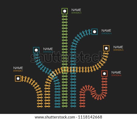 Railroad tracks, railway simple icon, rail track direction, train tracks colorful vector illustrations on black backgroud, colorful stairs, subway stations map top view, infographic elements. 