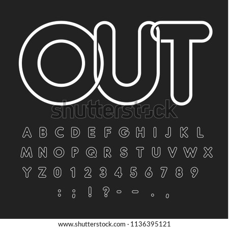 Contour alphabet, white letters on black background, outline style, modern typeface design, vector font template, uppercase letters, neon tube, monogram and logo template.