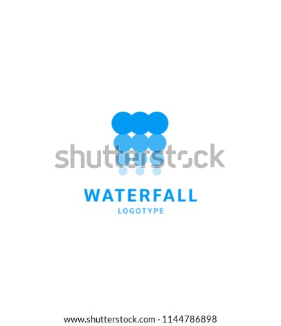 Waterfall icon, water abstract logo template, blue bubbles, hydroelectric power station, vector illustration on white background