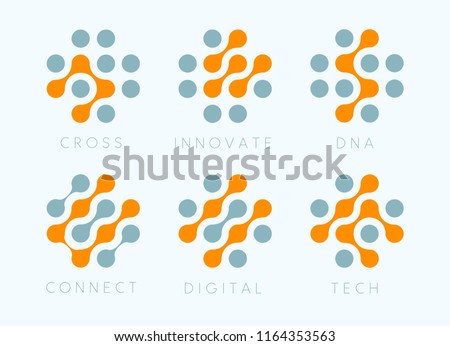 Dots cross vector emblem set. Innovate bio tech modern icons. Digital science labosatory isolated logo collection. Abstract plus symbols from orange and grey circles . Chip connect unusual signs.