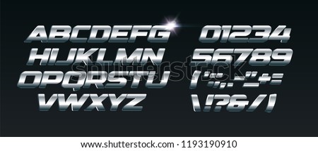 Set of steel letters. Font for dynamic compositions, like sports events and promotions or logos. Typography design, metal style,