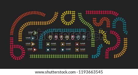 	
Railroad tracks, subway stations map top view, infographic elements. Railway simple icon set, rail track direction, train tracks colorful vector illustrations on black backgroud, colorful stairs.