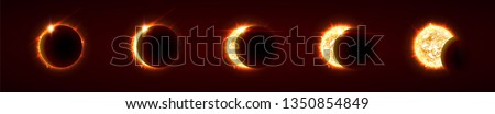 Sun eclipse, total and partial solar eclipse, several phases. Sun, moon and earth are nearly aligned on a straight line. Vector illustration, eps10