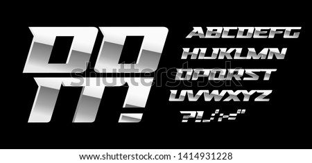 Silver letters and symbols set on black background. Metal style vector latin alphabet. Font for automotive or bodybuilding sport. Typography design.