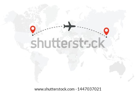Airplane line path. Air plane flight route with start point and dash line trace.Plane icon over world map. Vector concept illustration.