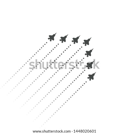 Military Aviation. Fighters fly up with trail. wedge shape of flying jet planes. Silhouettes of reactive planes and trace of jet engines. Vector illustration.