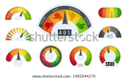 Business meter logos template. Cartoon realistic business indicator icons set, quality scale. Infographic for business rating and quality control, vector illustration.