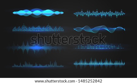 Blue equalizer waves on black background. Realistic set of sound and radio wave. Digital voice graphic design, vector illustration.