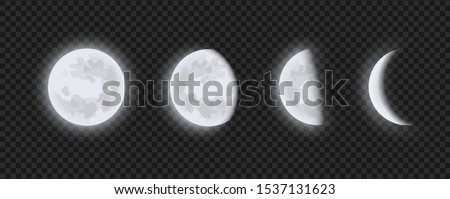 Moon phases, waning or waxing crescent moon on transparent checkered background. Lunar eclipse in stages from full moon to thin moon, realistic vector illustration.