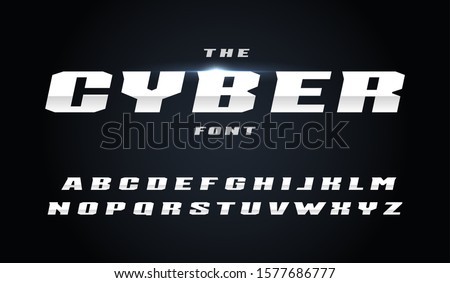 Cyber style letters set. Bold italic steel alphabet with slant. Font for fast and power effect, auto sport and new technology design. Vector typography design on black background.