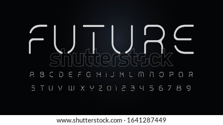 Future stencil alphabet. Vector font with erasing parts of the letters. Thin segment line font, minimal type for modern futuristic logo, elegant monogram, digital device, posters and hud web graphic. 