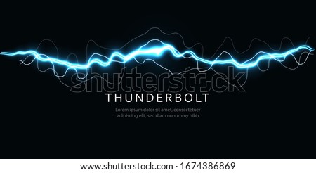 Thunderbolt, isolated lightning, electric current line, blue magic ray, abstract audio equalizer, digital signal amplitude, electric energy vector illustration