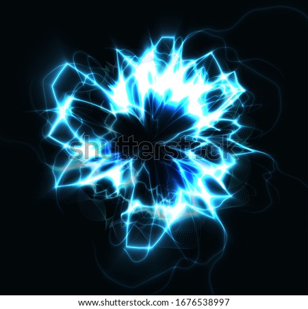 Electric circle blue round lightning energy explosion, shining fractal circle on black background, fireball flash magic ball vector illustration