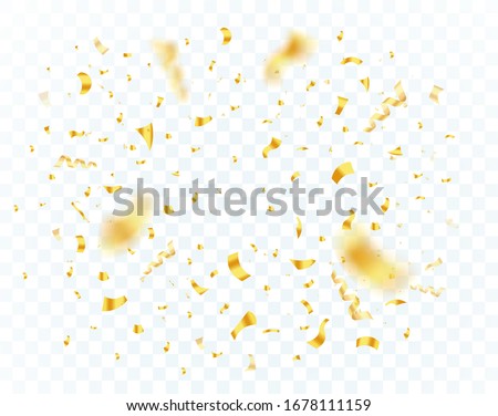 Confetti explosion on transparent background. Shiny glossy gold paper pieces fly and scatter around. Surprise burst for festive, carnival, casino, party, birthday and anniversary decoration. Vector.