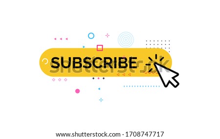 Button of subscribe, funny and colorful style icon. Media Channel Subscription, click on yellow button with geometric design element. Vector illustration.