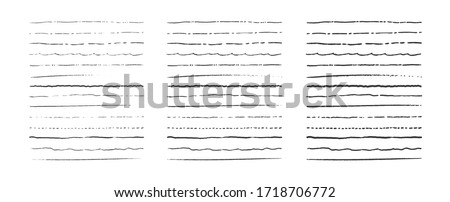 Set of lines, hand drawn dividers, doodle underlines, different thickness brush stripes. Vector frame and border element.