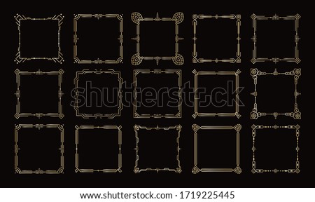 Golden frames, victorian geometric borders set, royal vector corners and lines on black background