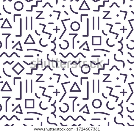 Black and white minimalistic abstract geometric seamless pattern. Microcosm geometry elements wallpaper decorative texture backdrop. Minimal signs plain background.