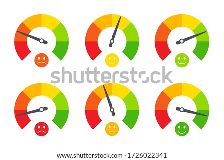 Set of business indicators, emotional emoticons, indicating quality, level, rating. Ratings of different levels like poor, bad, normal, good, excellent, great. Vector isolated flat graphic. Imagine de stoc © 
