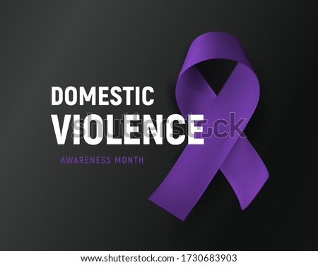 Domestic violence banner. Purple ribbon against home abuse poster. Abused victim support vector illustration on black background.  