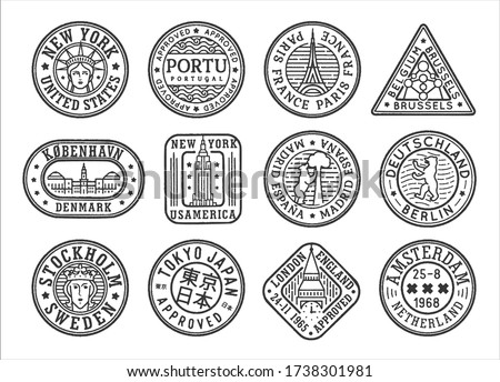Stamp concept set with tourist attractions of world city and capital. Сoat of arm and symbol collection of city and country. Visa passport stamps, airport or postal stamp. 