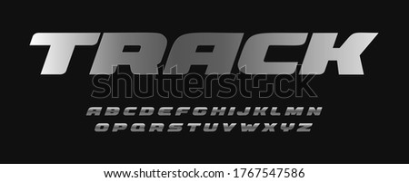 Wide bold metal font. Track style letters collection for sport, auto, moto and velo industry design. Stainless typography design