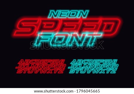 Neon Speed letters set. Red and blue race font. Cyberpunk Italic bold style vector alphabet. Fonts for event, promo, logo, banner, monogram and poster. Racing Typeset design