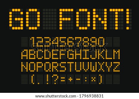 Digital font for led board, scoreboard, clock board. Yellow typeset for electronic display. Infoboard letters, signs and numbers collection on black background.