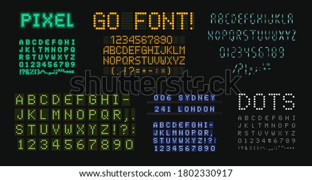 Digital letters and numbers set. Scoreboard style alphabet. Dot vector typeface designs for score board typographic posters, ads, tech logo, led display on sport events, digital media,motion graphic.