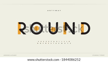 Round modern alphabet. Dropped stunning font, type for futuristic logo, headline, creative lettering and maxi typography. Minimal style letters with yellow spot. Vector typographic design