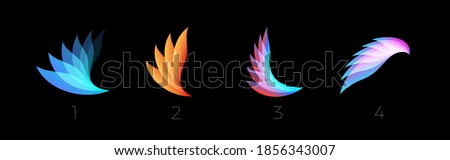 Beauty petals flat cartoon style vector logo set concept. Abstract light gradient wings symbol collection for business and startup. Colored feathers isolated icons on black background.