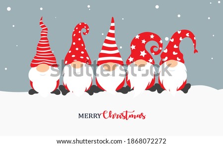 Christmas gnome. Greeting Christmas card with holiday isolated characters on snow background. Cute scandinavian gnomes in santa hats in cartoon style. Vector illustration