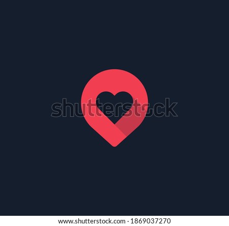 Red Pin button with heart flat icon, map pointer, favorite places. Love pointer, dating service, love search service logo concept. isolated vector minimal design