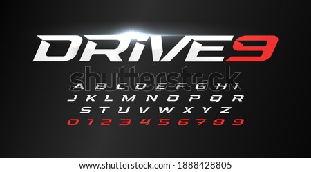 Dynamic letters and numbers set. Drive alphabet, dynamic font, wind type for modern sport logo, motion headline and action lettering. Vector typographic design.
