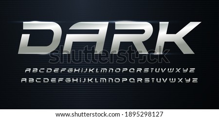 Sport Alphabet with Metallic texture on dark background. Chrome steel italic alphabet for dynamic logo and headlines. Modern cropped letters with aluminium color. Vector typography design