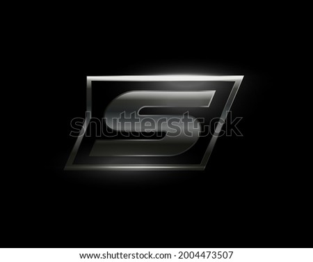 Carbon speed Letter S logo, dark matte metal carbon texture. Drive dynamic steel letter, turbo bold italic chrome logotype for automotive industrial, gym, sport. Vector monogram, emblem