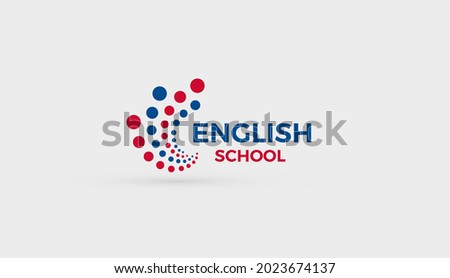 English School logo concept. Abstract bubbles dots logotype for education, english language learning, study course, virtual teaching work, training, communication and speak club, vector symbol design