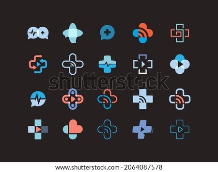Cross logo set concept for healthcare live chat, clinic assistance, telemedicine, medical consult, online diagnosis, remote home medicine. Vector abstract flat logotype for medicine web service app