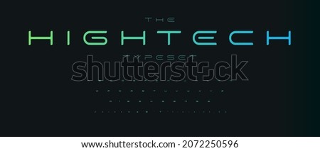 Expanded futuristic font, thin wide alphabet. High tech typeset for headline and logo of hud, ai, data science graphic, sci-fi, science and medical technology, digital interface. Vector typography