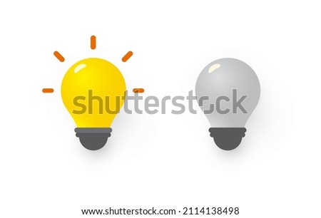 Yellow light bulb on, new idea symbol. Gray light bulb off, lack of ideas symbol. Flat 3D vector illustration