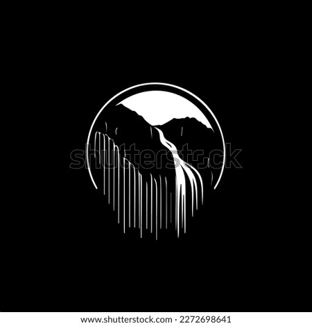 Minimalistic logo template, white icon of waterfall silhouette on black background, modern logotype concept for business identity, t-shirts print, tattoo. Vector illustration