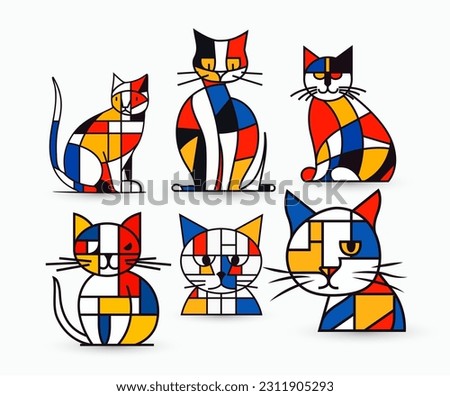 Vibrant abstract cat logo set in De Stijl style. Modern, flat design concept with geometric grid, primary colors. Branding, art, corporate identity. Simple, colorful, and eye-catching. Vector logo.