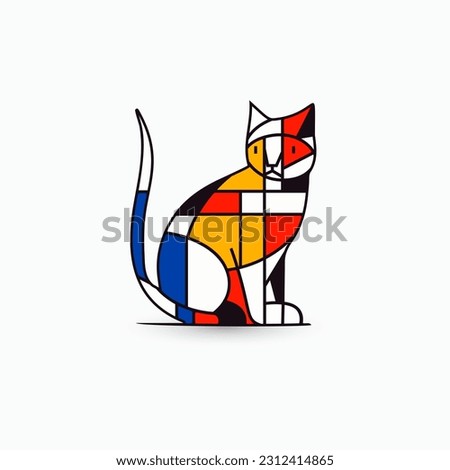 Vibrant abstract cat logo set in De Stijl style. Modern, flat design concept with geometric grid, primary colors. Branding, art, corporate identity. Simple, colorful, and eye-catching. Vector logo