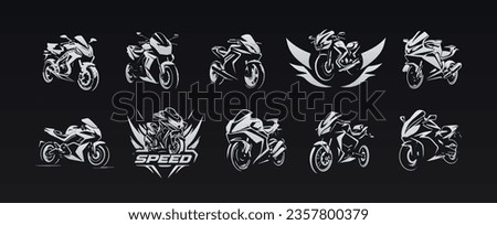 Dynamic motorcycle icons set: Energetic strokes, brushwork style. Modern logo designs for racing enthusiasts. Versatile, simple silhouettes for an energetic identity. Vector illustration.