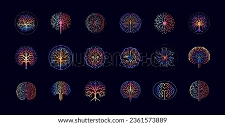 Brain neural network icon set, representing the connection of neurons, vibrant color abstract logo for science and biotechnology brands, AI, health and medical tech. Vector illustration