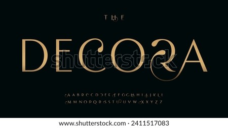 Modern premium alphabet, elegant golden letters with sophisticated tail for luxury fashion logo, stylish monogram, ornate headline, refined typography, royal typographic design. Vector typeset.